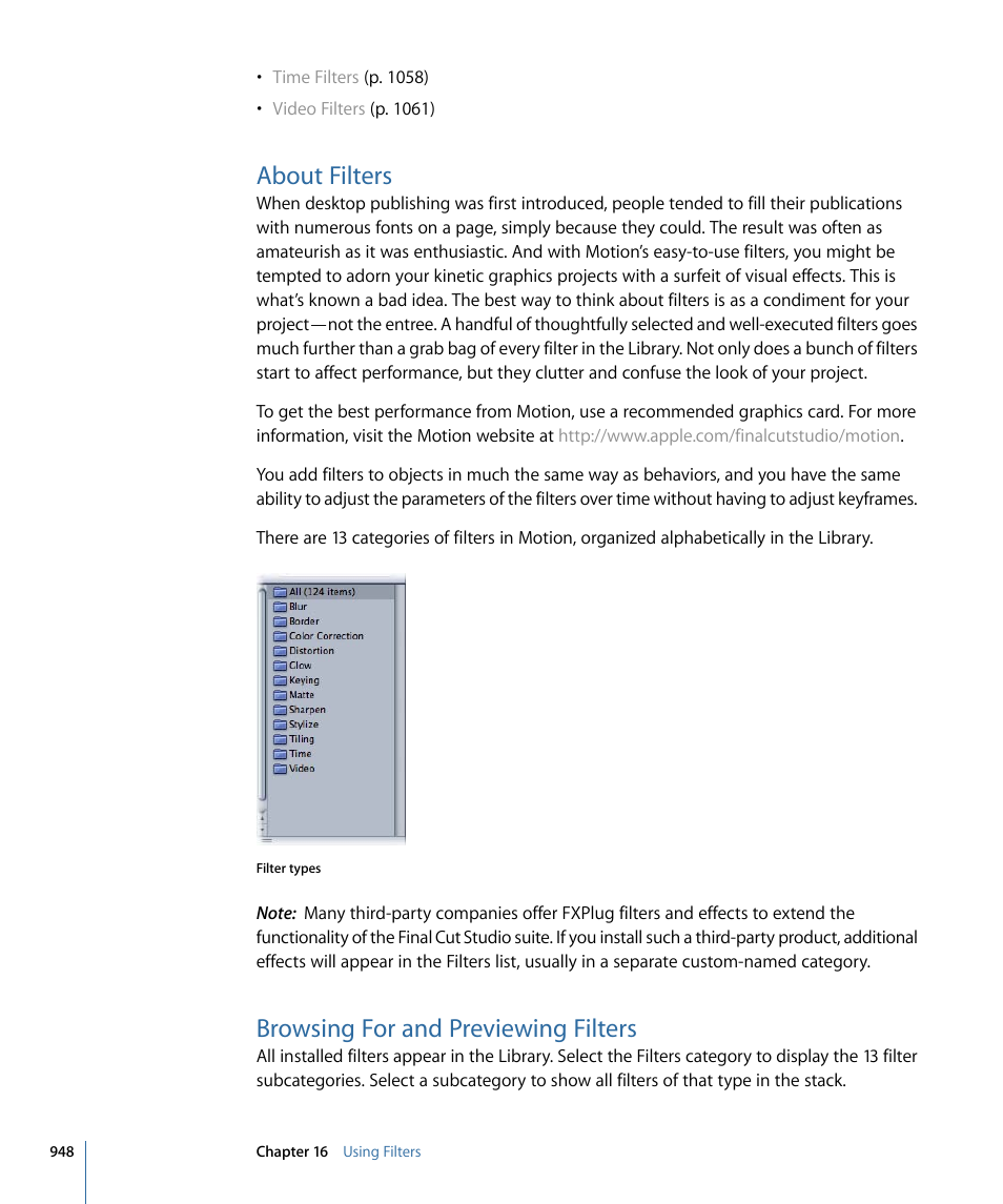 About filters, Browsing for and previewing filters | Apple Motion 4 User Manual | Page 948 / 1498