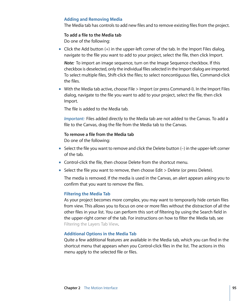 Adding and removing media, Filtering the media tab, Additional options in the media tab | Apple Motion 4 User Manual | Page 95 / 1498