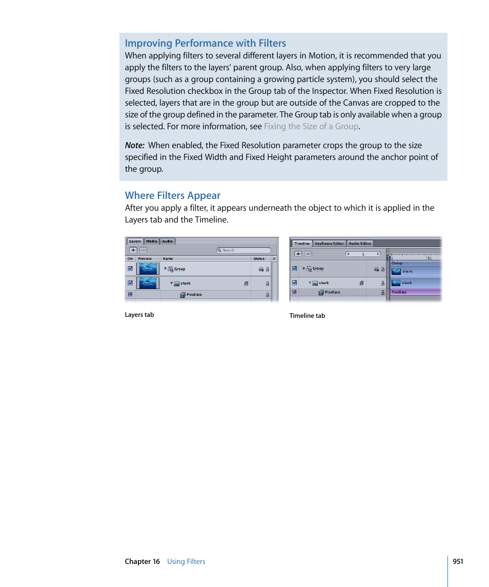 Where filters appear, Improving performance with filters | Apple Motion 4 User Manual | Page 951 / 1498