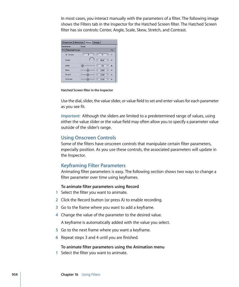 Using onscreen controls, Keyframing filter parameters | Apple Motion 4 User Manual | Page 954 / 1498