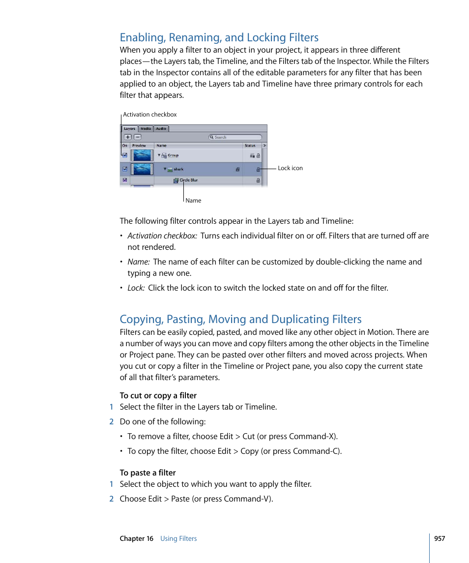 Enabling, renaming, and locking filters, Copying, pasting, moving and duplicating filters | Apple Motion 4 User Manual | Page 957 / 1498