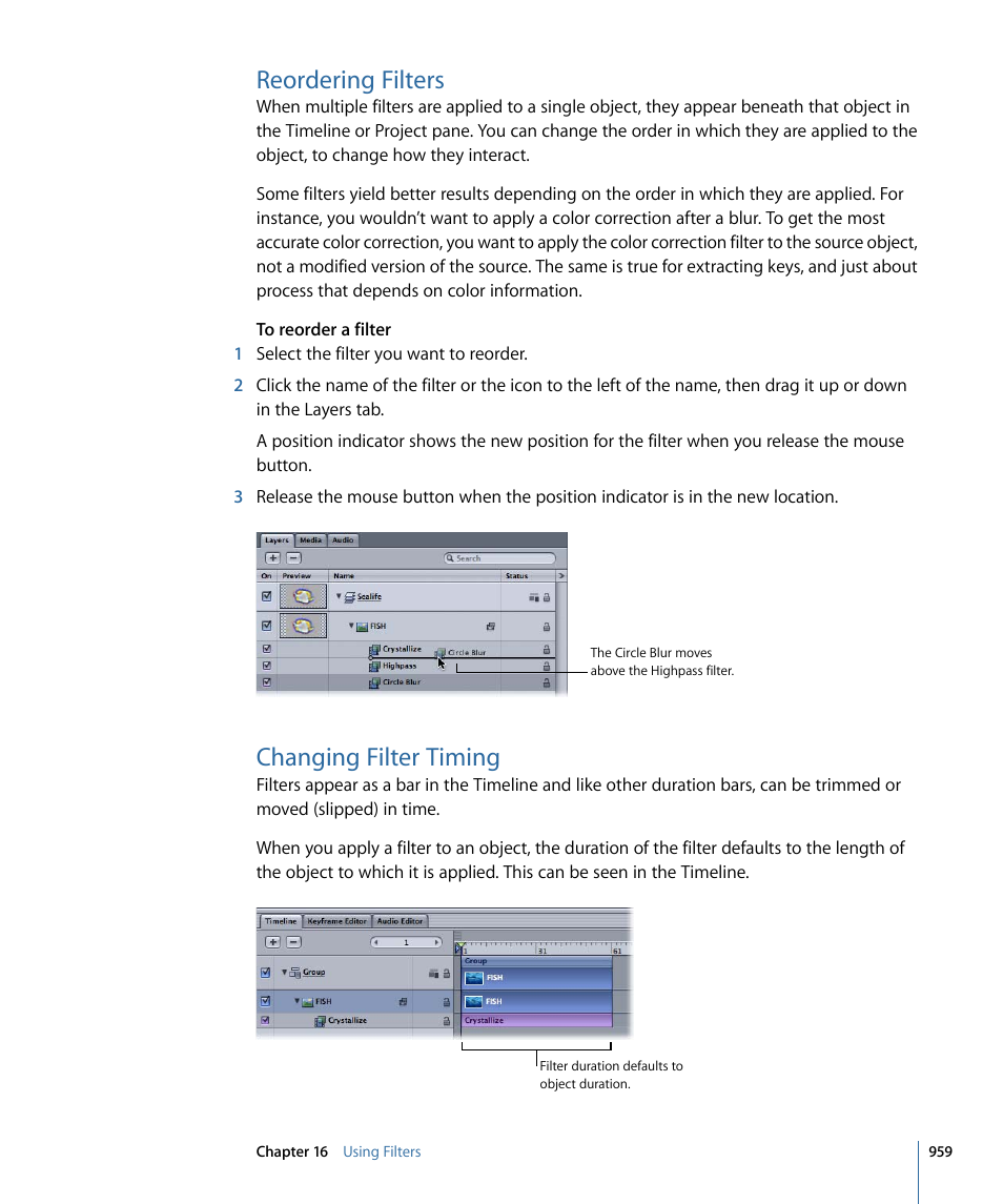 Reordering filters, Changing filter timing | Apple Motion 4 User Manual | Page 959 / 1498