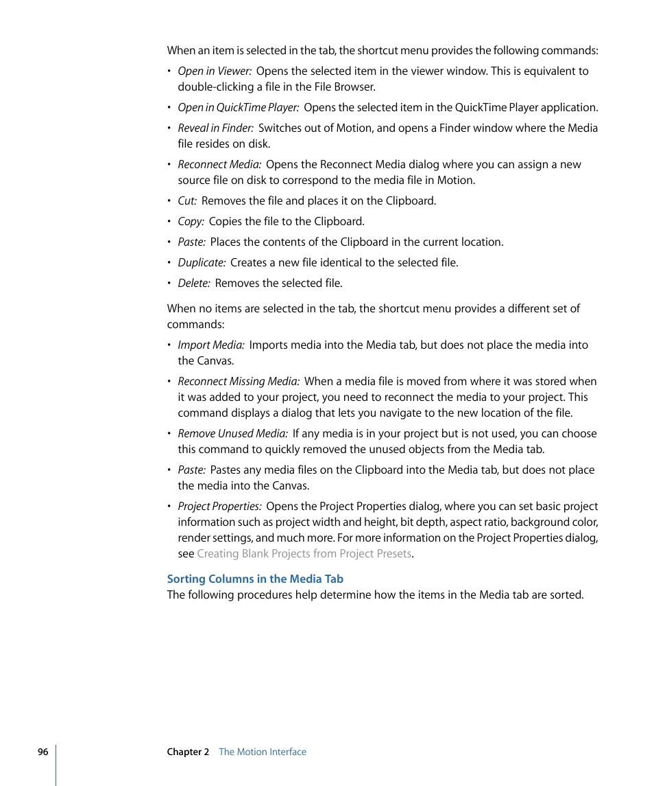 Sorting columns in the media tab | Apple Motion 4 User Manual | Page 96 / 1498