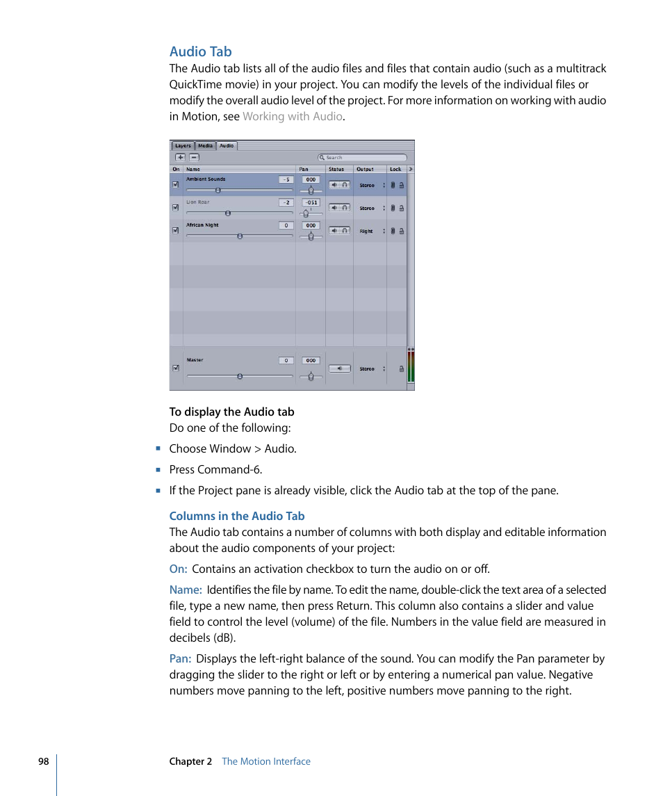 Audio tab, Columns in the audio tab | Apple Motion 4 User Manual | Page 98 / 1498