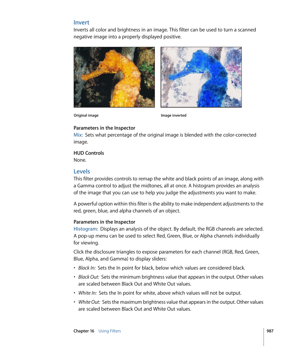 Invert, Levels | Apple Motion 4 User Manual | Page 987 / 1498