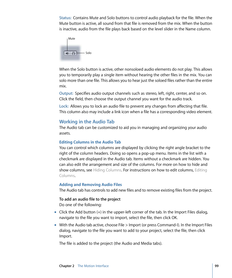 Working in the audio tab, Editing columns in the audio tab, Adding and removing audio files | Apple Motion 4 User Manual | Page 99 / 1498