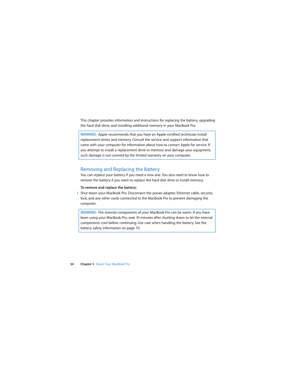 Removing and replacing the battery | Apple MacBook Pro (15-inch, Late 2008) User Manual | Page 34 / 88