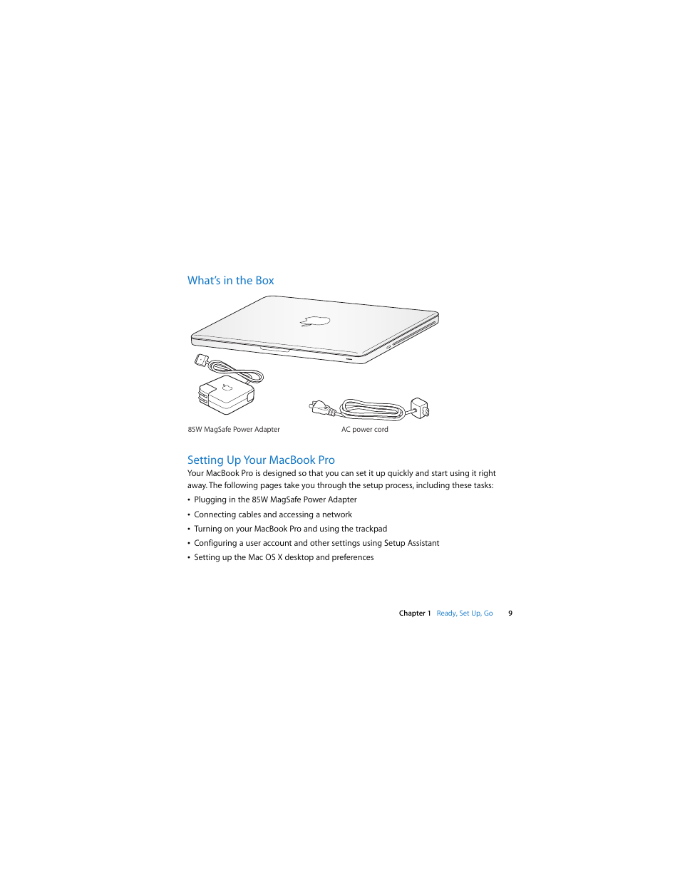 What’s in the box, Setting up your macbookpro, What’s in the box setting up your macbook pro | Apple MacBook Pro (15-inch, Late 2008) User Manual | Page 9 / 88