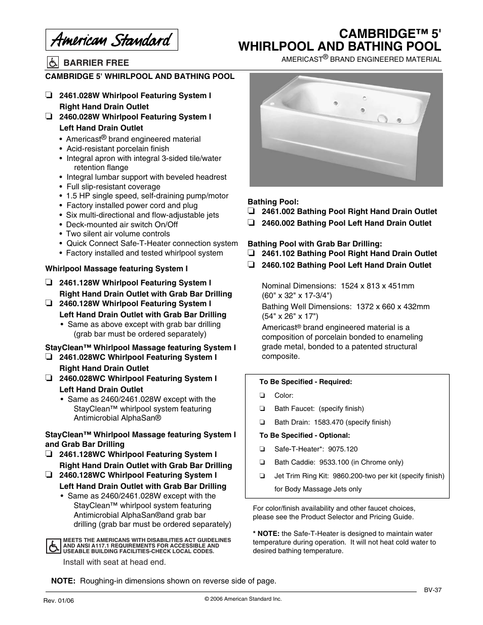 American Standard Cambridge 2461.028W User Manual | 2 pages