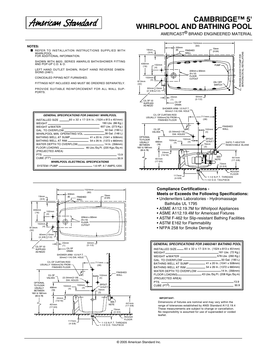 Cambridge™ 5' whirlpool and bathing pool, Americast® brand engineered material | American Standard Cambridge 2461.028W User Manual | Page 2 / 2