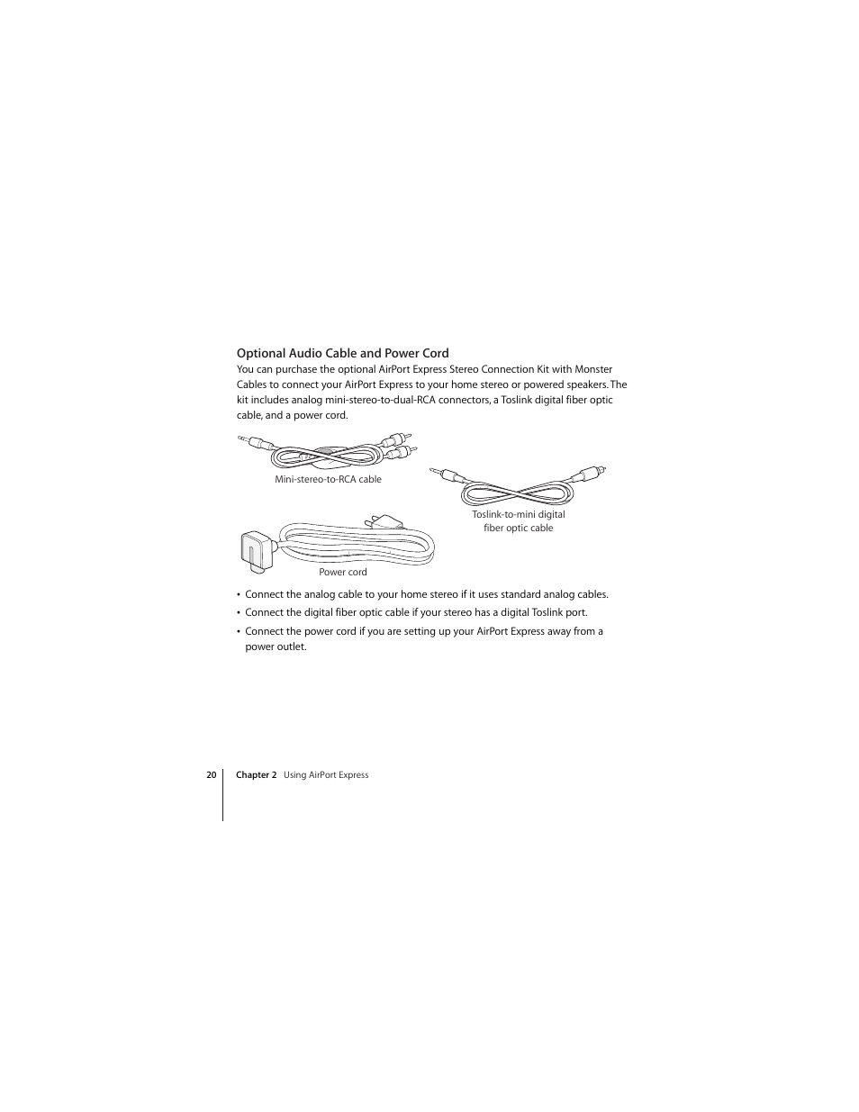 Optional audio cable and power cord | Apple AirPort Express 5.1 User Manual | Page 20 / 56
