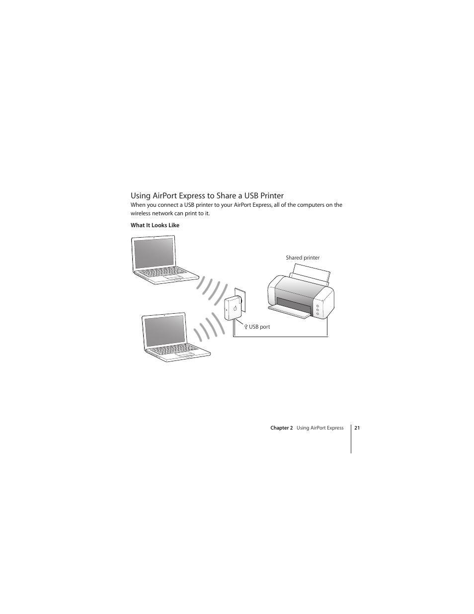 Using airport express to share a usb printer | Apple AirPort Express 5.1 User Manual | Page 21 / 56