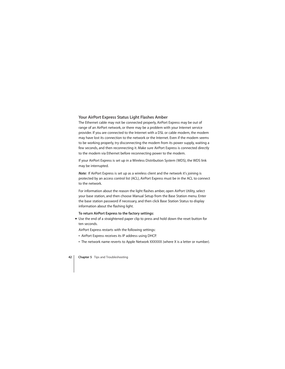 Your airport express status light flashes amber | Apple AirPort Express 5.1 User Manual | Page 42 / 56