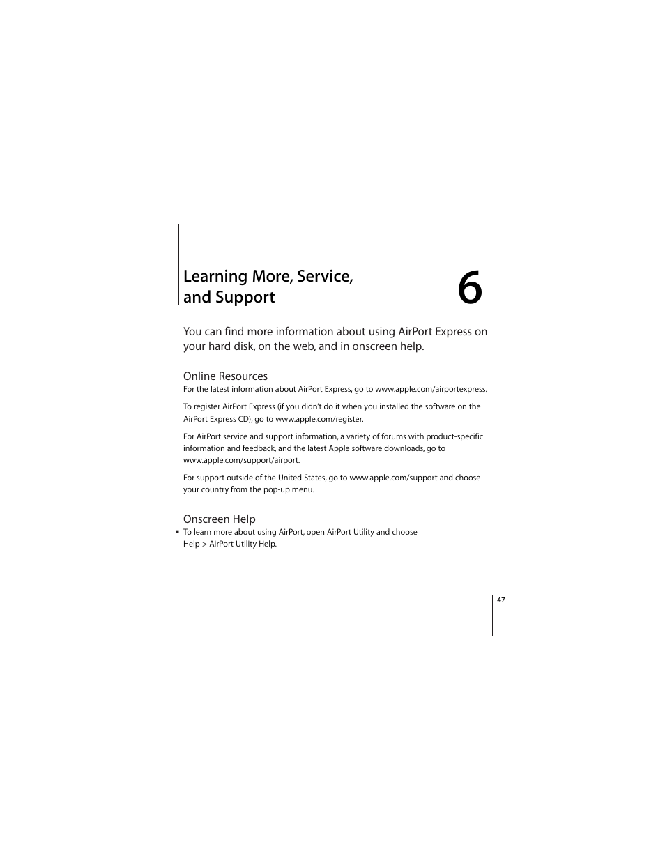 Learning more, service, andsupport, Online resources, Onscreen help | Learning more, service, and support | Apple AirPort Express 5.1 User Manual | Page 47 / 56