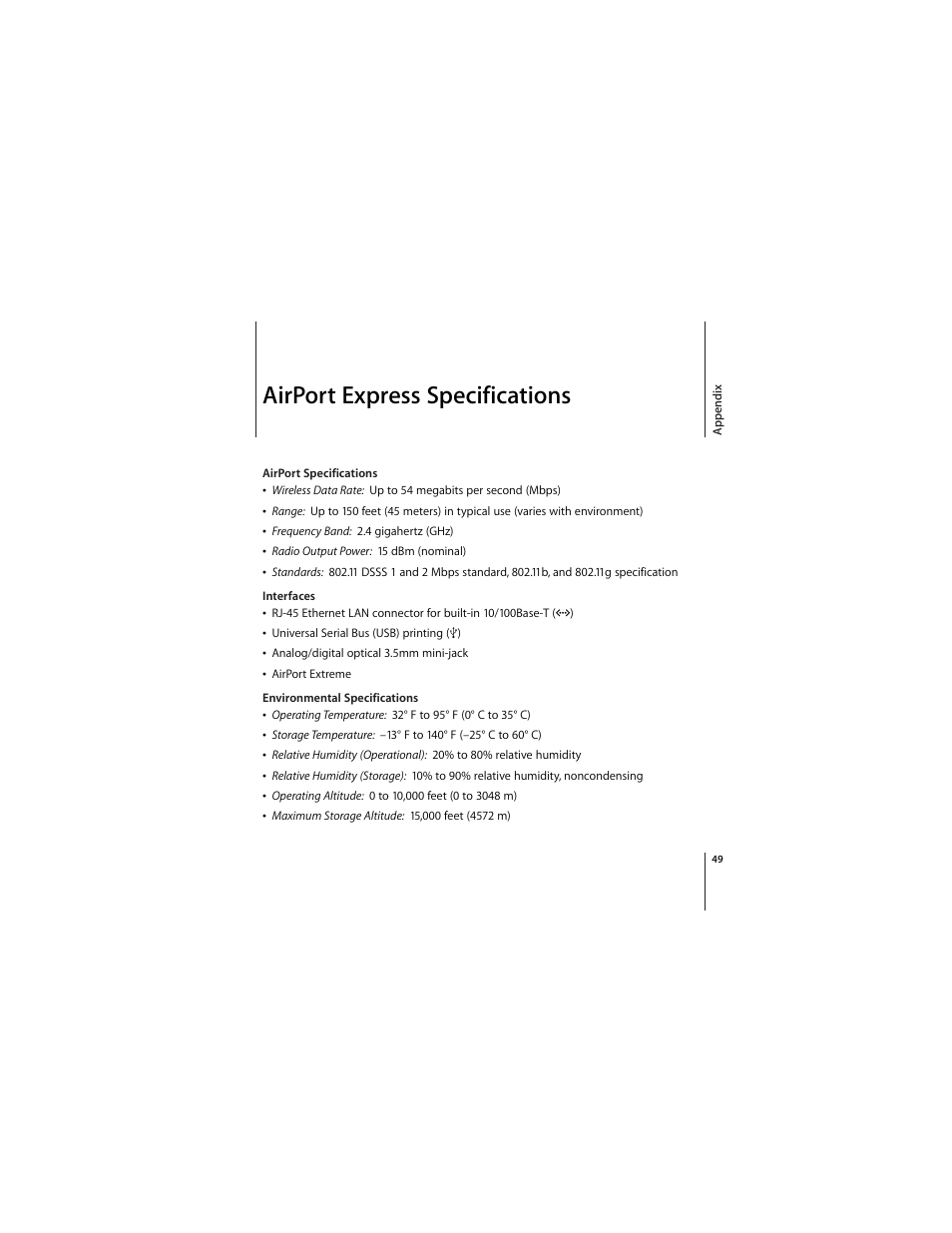 Airport express specifications | Apple AirPort Express 5.1 User Manual | Page 49 / 56