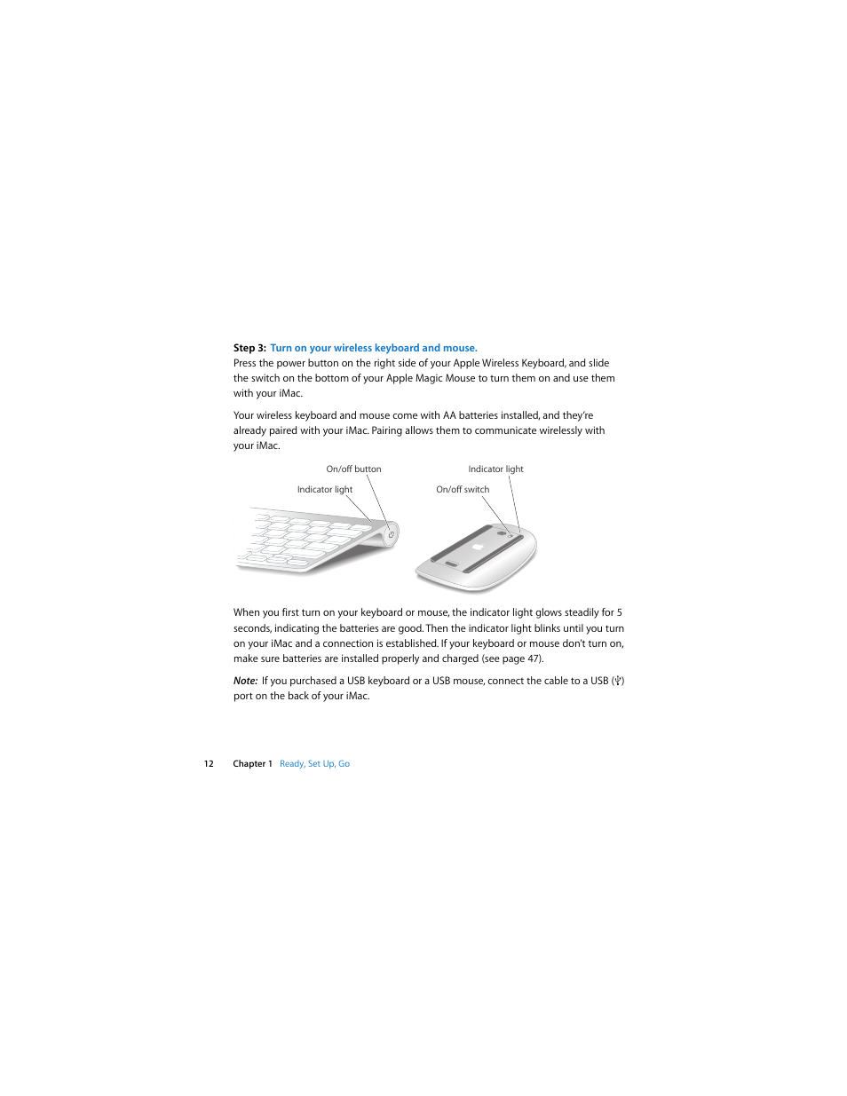 Step3: turn on your wireless keyboard and mouse | Apple iMac (21.5 and 27-inch, Late 2009) User Manual | Page 12 / 84