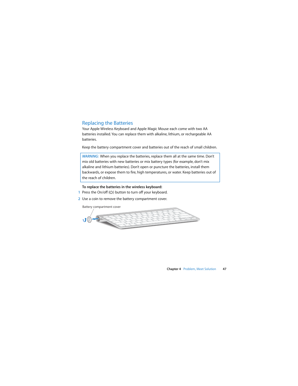 Replacing the batteries | Apple iMac (21.5 and 27-inch, Late 2009) User Manual | Page 47 / 84