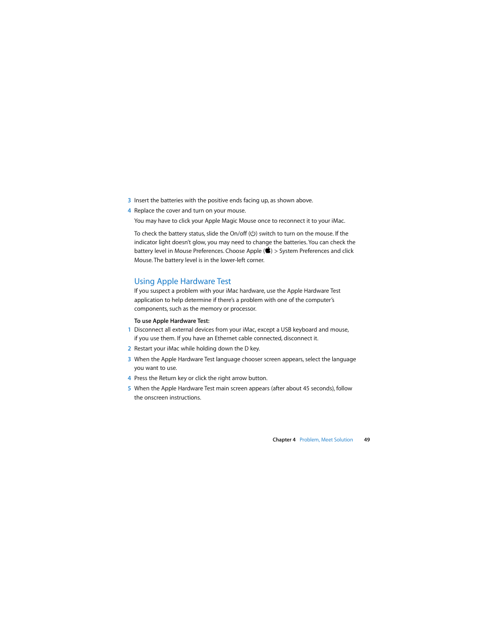 Using apple hardware test | Apple iMac (21.5 and 27-inch, Late 2009) User Manual | Page 49 / 84