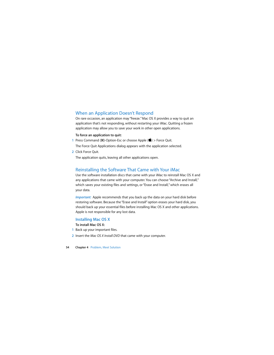 When an application doesn’t respond, Reinstalling the software that came with your imac, Installing macosx | Apple iMac (21.5 and 27-inch, Late 2009) User Manual | Page 54 / 84