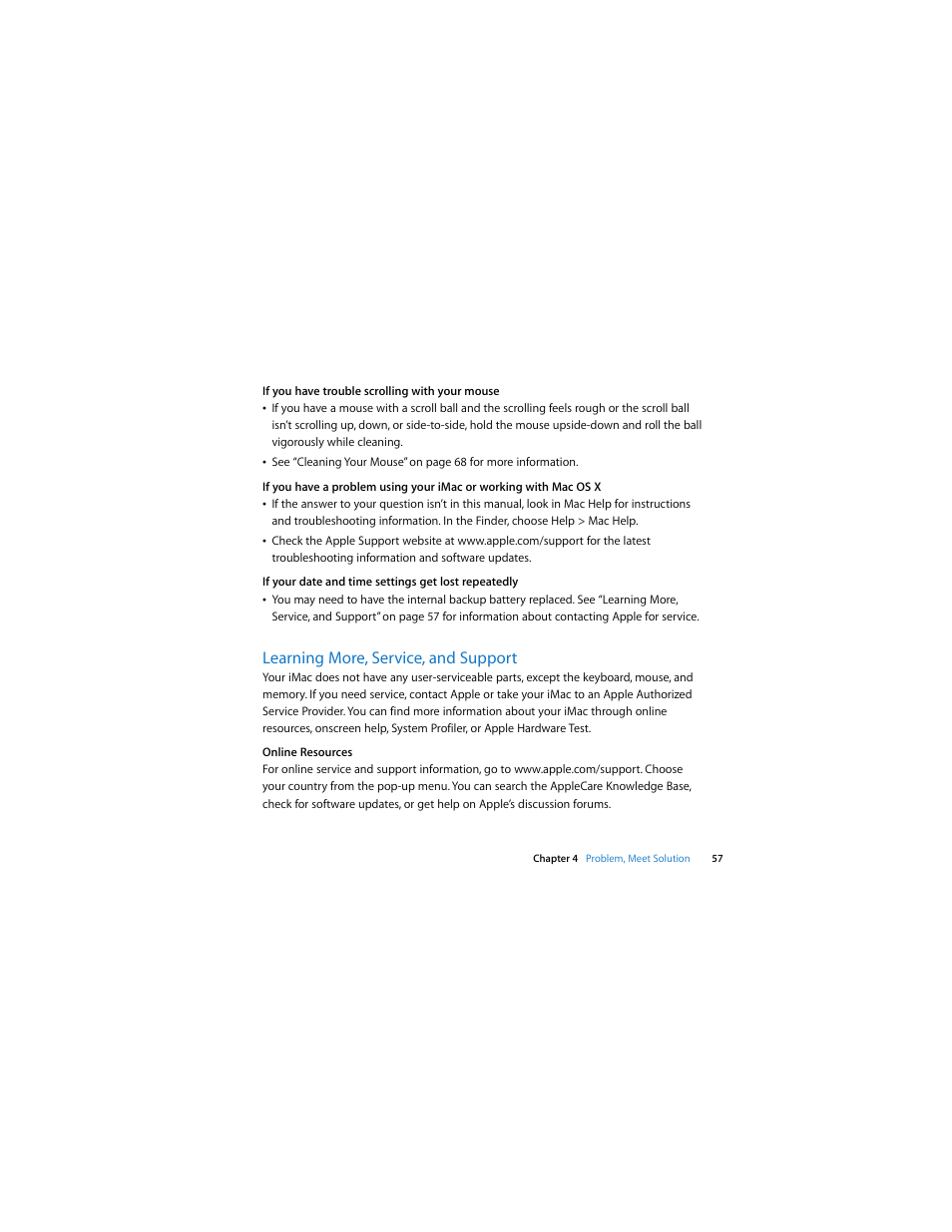 Learning more, service, and support, See “learning more, service, and support” on | Apple iMac (21.5 and 27-inch, Late 2009) User Manual | Page 57 / 84