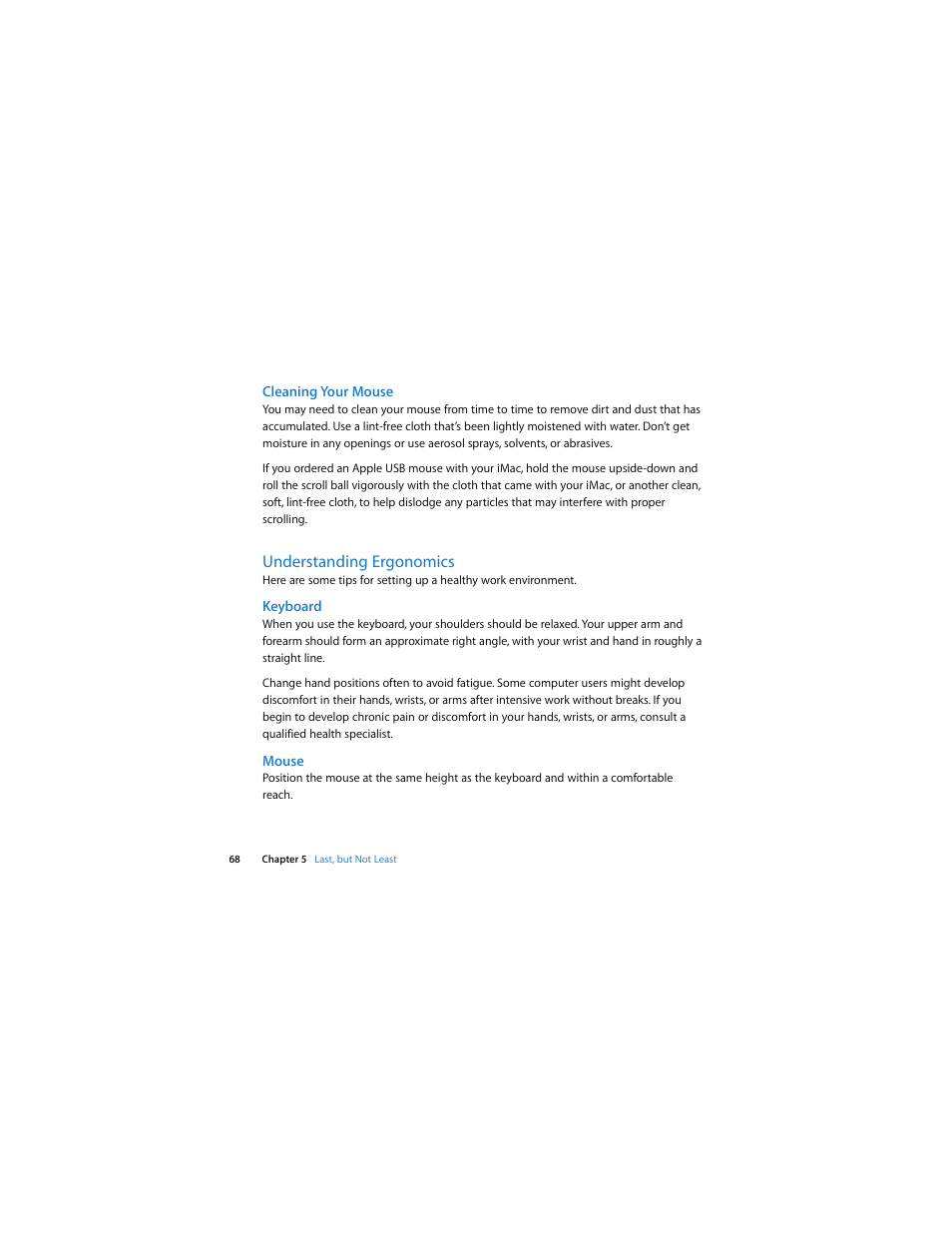 Cleaning your mouse, Understanding ergonomics, Keyboard | Mouse | Apple iMac (21.5 and 27-inch, Late 2009) User Manual | Page 68 / 84