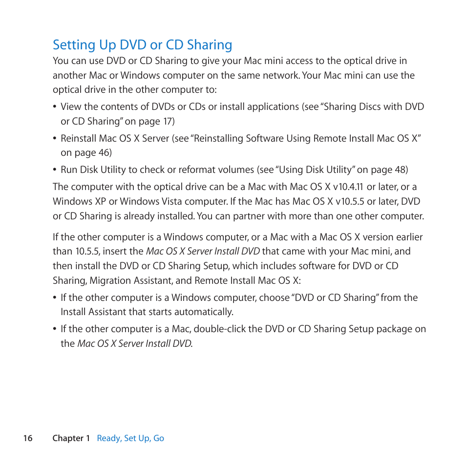 Setting up dvd or cd sharing, 16 setting up dvd or cd sharing | Apple Mac mini Server (Mid 2010) User Manual | Page 16 / 76