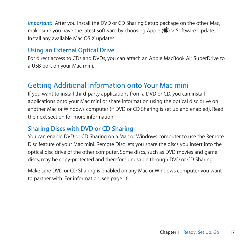 Getting additional information onto your mac mini, Using an external optical drive, Sharing discs with dvd or cd sharing | Apple Mac mini Server (Mid 2010) User Manual | Page 17 / 76