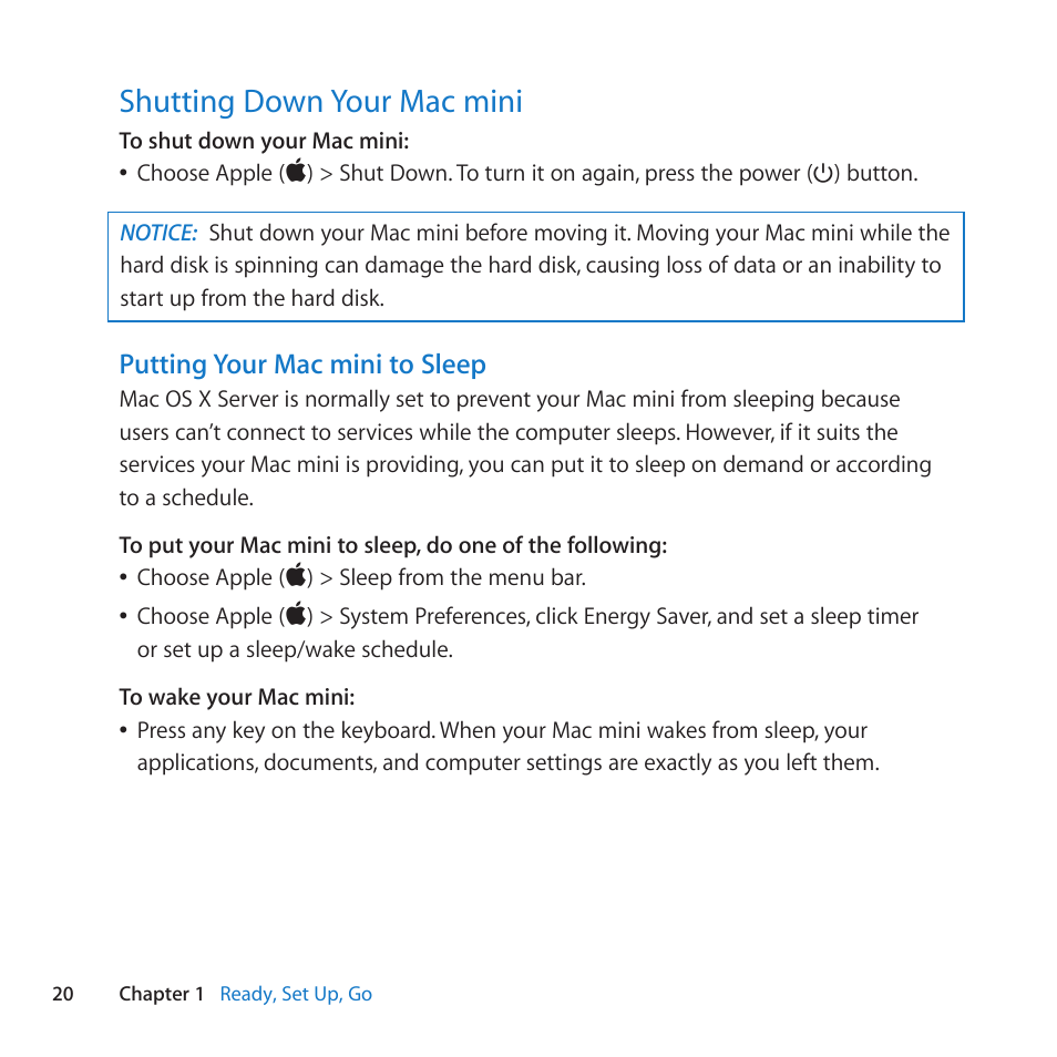 Shutting down your mac mini, 20 shutting down your mac mini | Apple Mac mini Server (Mid 2010) User Manual | Page 20 / 76