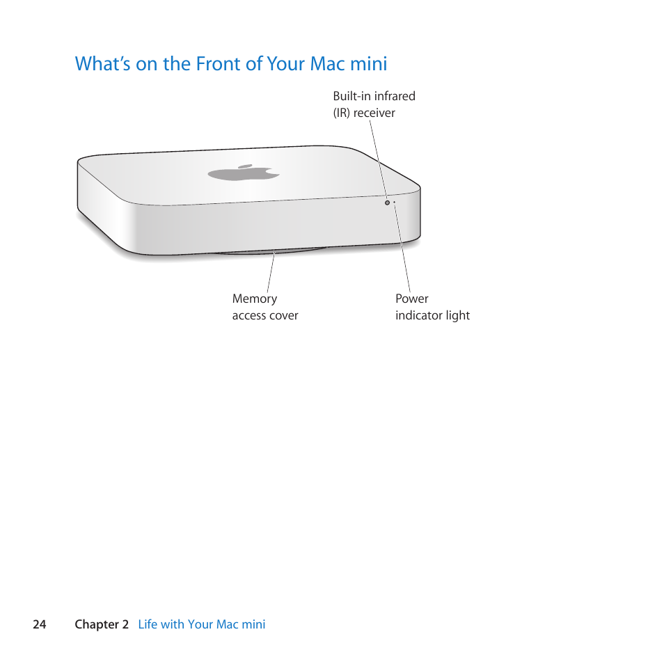 What’s on the front of your mac mini, 24 what’s on the front of your mac mini | Apple Mac mini Server (Mid 2010) User Manual | Page 24 / 76