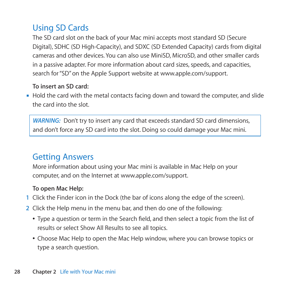 Using sd cards, Getting answers, 28 using sd cards 28 getting answers | Apple Mac mini Server (Mid 2010) User Manual | Page 28 / 76