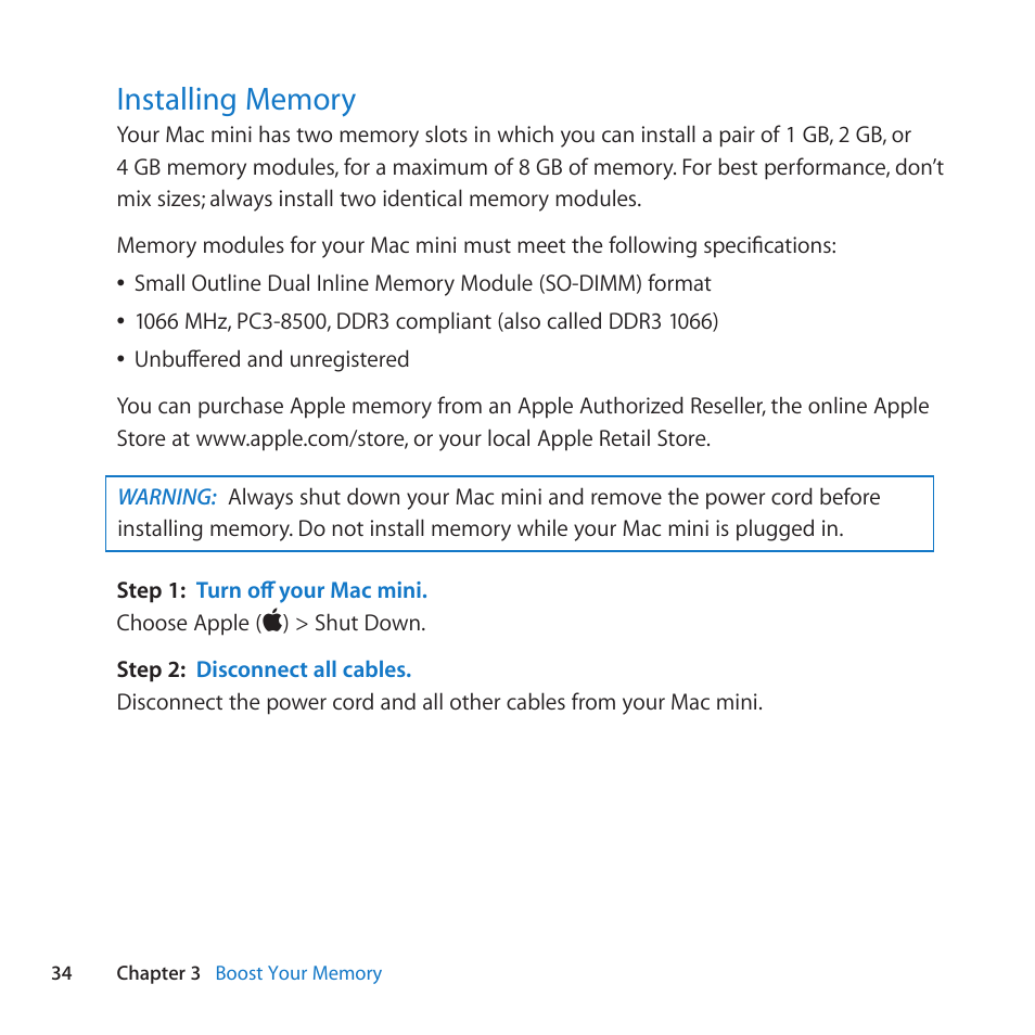 Installing memory, 34 installing memory | Apple Mac mini Server (Mid 2010) User Manual | Page 34 / 76