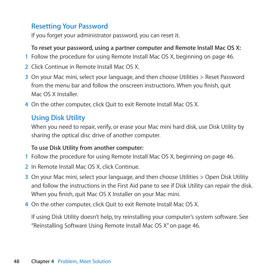 Resetting your password, Using disk utility | Apple Mac mini Server (Mid 2010) User Manual | Page 48 / 76