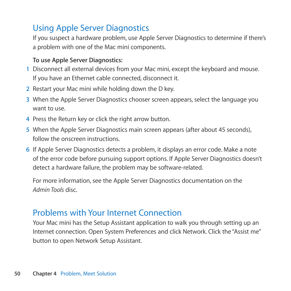 Using apple server diagnostics, Problems with your internet connection | Apple Mac mini Server (Mid 2010) User Manual | Page 50 / 76