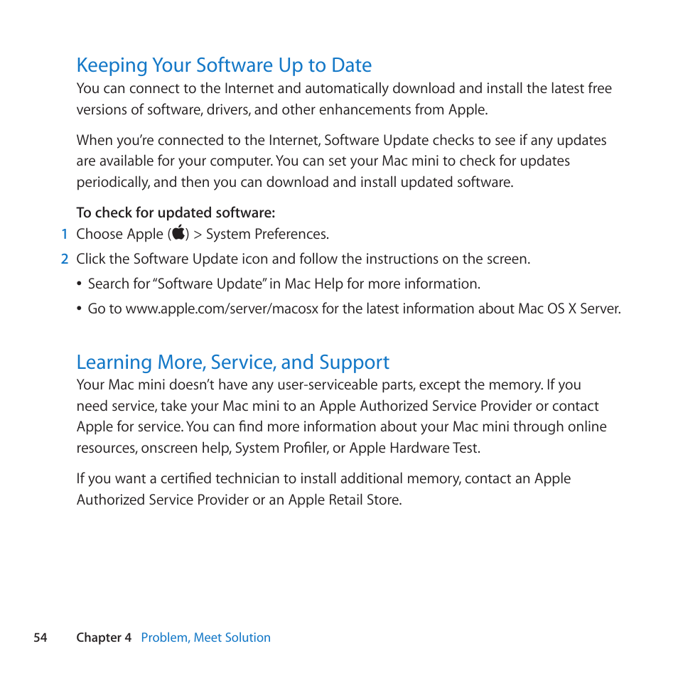 Keeping your software up to date, Learning more, service, and support | Apple Mac mini Server (Mid 2010) User Manual | Page 54 / 76