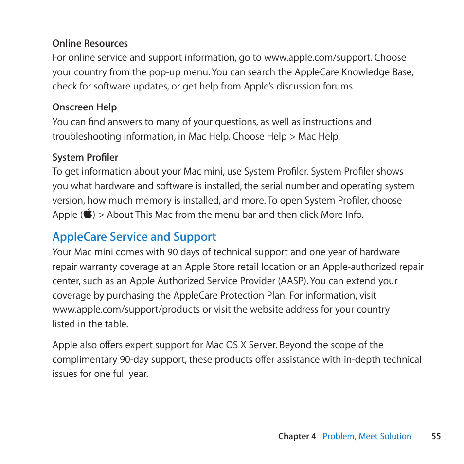 Applecare service and support | Apple Mac mini Server (Mid 2010) User Manual | Page 55 / 76