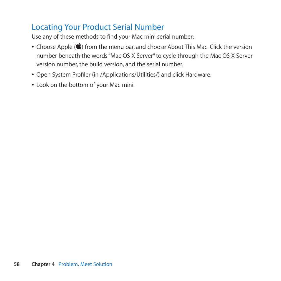 Locating your product serial number, 58 locating your product serial number | Apple Mac mini Server (Mid 2010) User Manual | Page 58 / 76