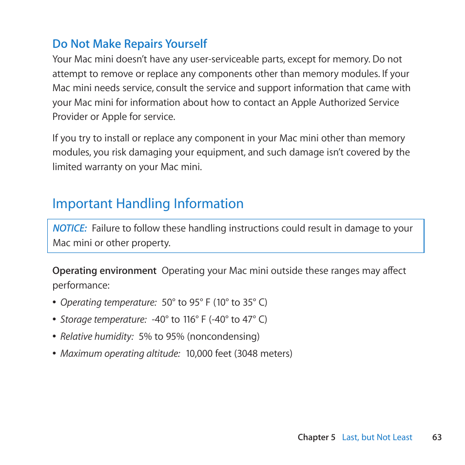 Important handling information, 63 important handling information | Apple Mac mini Server (Mid 2010) User Manual | Page 63 / 76