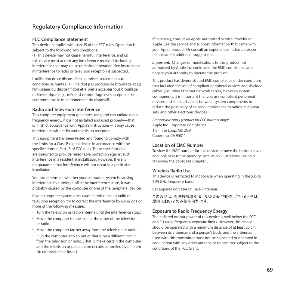 Regulatory compliance information, 69 regulatory compliance information | Apple Mac mini Server (Mid 2010) User Manual | Page 69 / 76