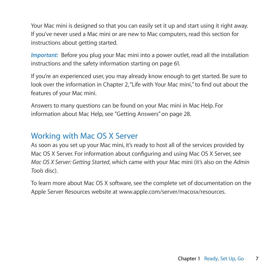 Working with mac os x server, 7 working with mac os x server | Apple Mac mini Server (Mid 2010) User Manual | Page 7 / 76