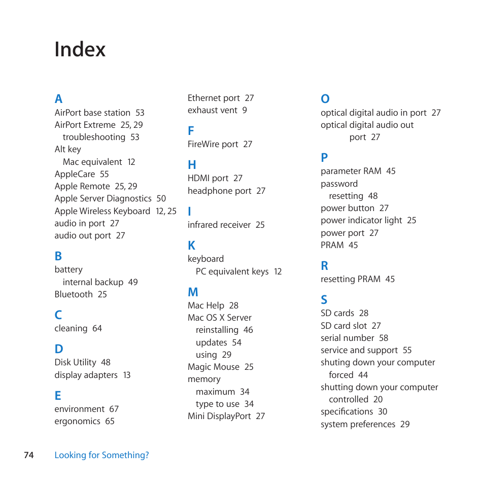 Index, 74 index | Apple Mac mini Server (Mid 2010) User Manual | Page 74 / 76