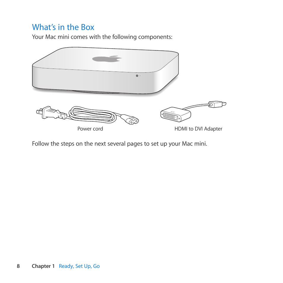 What’s in the box, 8 what’s in the box | Apple Mac mini Server (Mid 2010) User Manual | Page 8 / 76