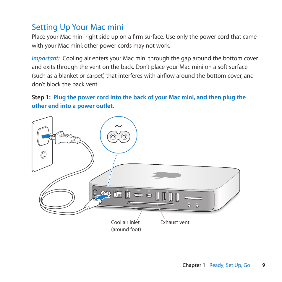 Setting up your mac mini, 9 setting up your mac mini | Apple Mac mini Server (Mid 2010) User Manual | Page 9 / 76