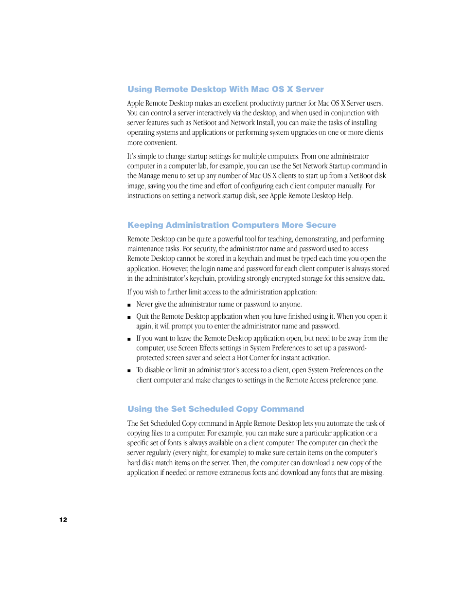 Using remote desktop with mac os x server, Keeping administration computers more secure, Using the set scheduled copy command | Using remote desktop with mac os x server 12, Keeping administration computers more secure 12, Using the set scheduled copy command 12 | Apple Remote Desktop 1.2 User Manual | Page 12 / 26