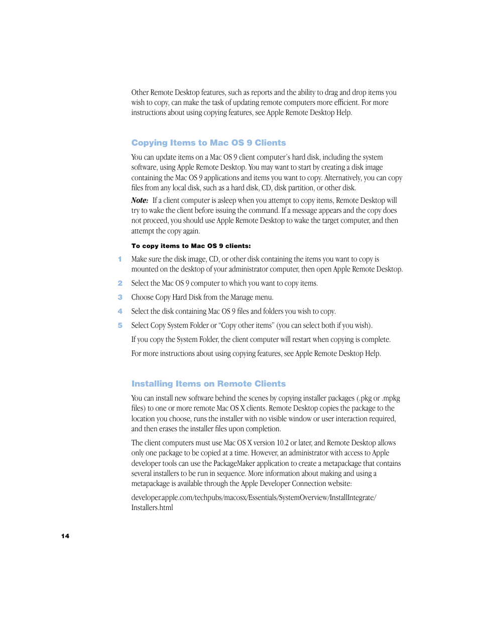 Copying items to mac os 9 clients, Installing items on remote clients, Copying items to mac os 9 clients 14 | Installing items on remote clients 14 | Apple Remote Desktop 1.2 User Manual | Page 14 / 26