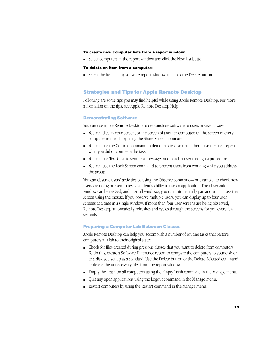 Strategies and tips for apple remote desktop, Demonstrating software, Preparing a computer lab between classes | Strategies and tips for apple remote desktop 19, Demonstrating software 19, Preparing a computer lab between classes 19 | Apple Remote Desktop 1.2 User Manual | Page 19 / 26