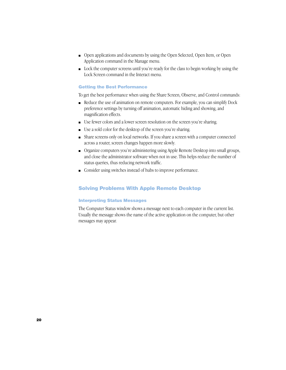 Getting the best performance, Solving problems with apple remote desktop, Interpreting status messages | Getting the best performance 20, Solving problems with apple remote desktop 20, Interpreting status messages 20 | Apple Remote Desktop 1.2 User Manual | Page 20 / 26