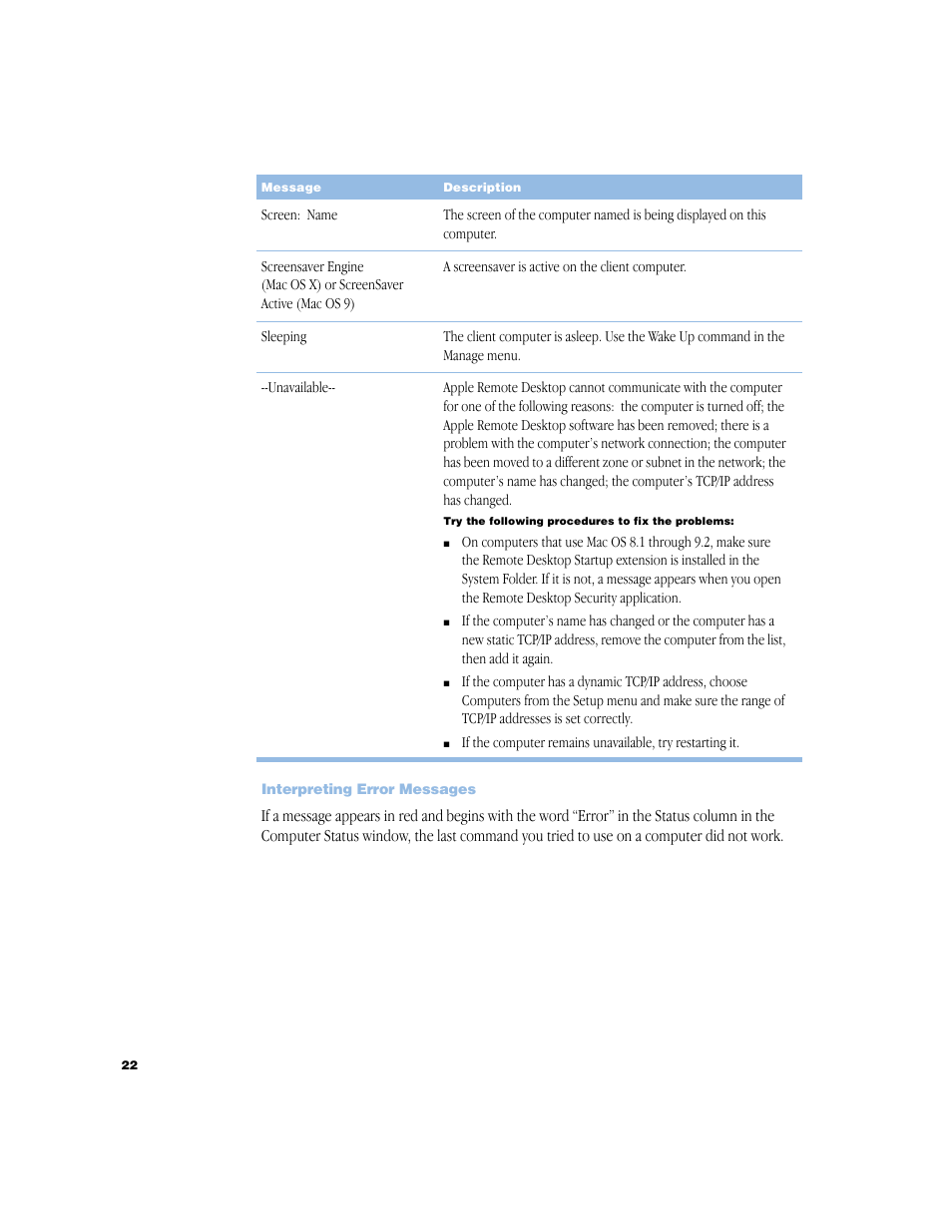 Interpreting error messages, Interpreting error messages 22 | Apple Remote Desktop 1.2 User Manual | Page 22 / 26