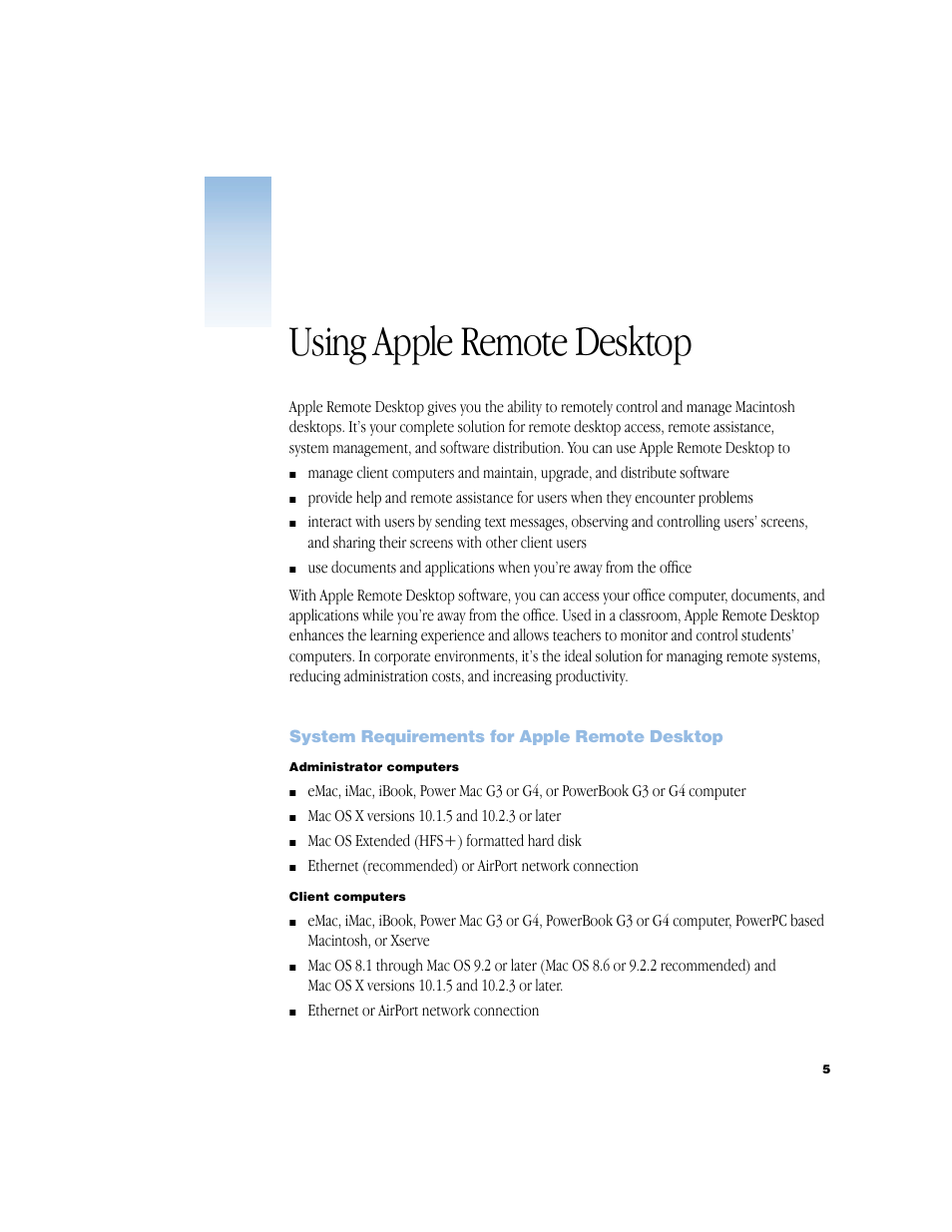 Using apple remote desktop, System requirements for apple remote desktop, System requirements for apple remote desktop 5 | Apple Remote Desktop 1.2 User Manual | Page 5 / 26