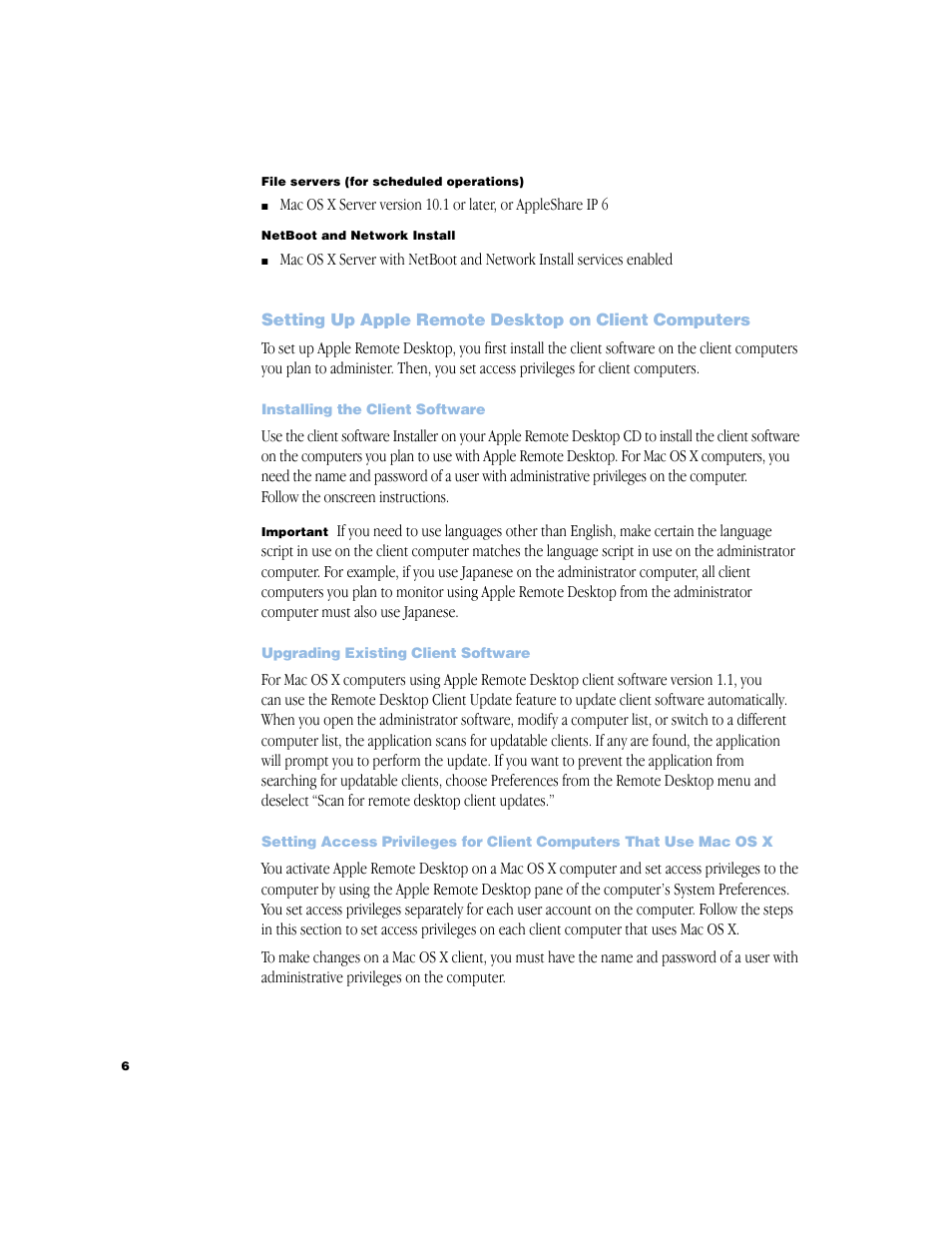 Installing the client software, Upgrading existing client software, Installing the client software 6 | Upgrading existing client software 6 | Apple Remote Desktop 1.2 User Manual | Page 6 / 26