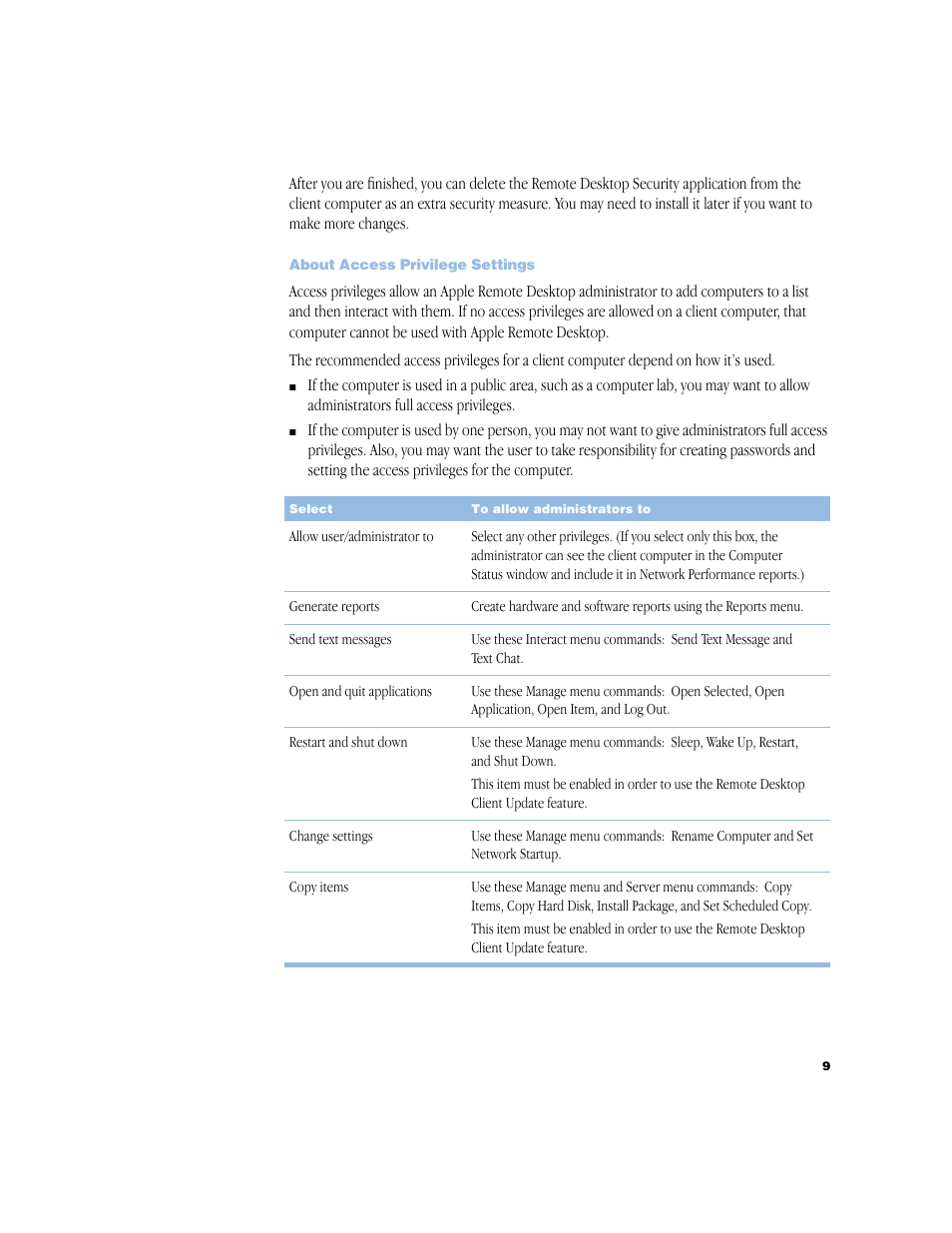 About access privilege settings, About access privilege settings 9 | Apple Remote Desktop 1.2 User Manual | Page 9 / 26